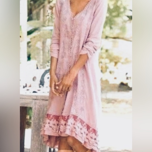 Soft Surroundings Genevieve Embroidered Dusty Rose Bohemian Midi Dress Sz Large - Picture 1 of 7